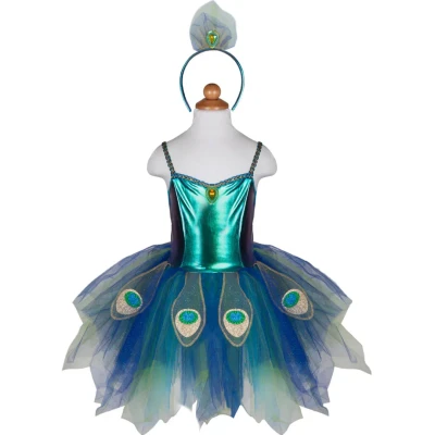 Afbeelding van Great Pretenders Verkleedkledij Pretty Peacock Jurk met diadeem 5/6 jaar