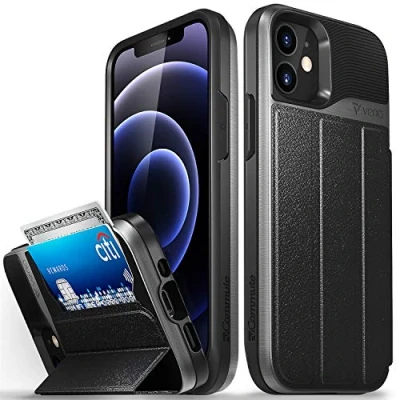 Afbeelding van VENA vCommute Portemonneehoesje compatibel met Apple iPhone 12 Mini (5,4 inch), militaire valbescherming, lederen klaphoes kaartsleuf en standaard, Space Grey