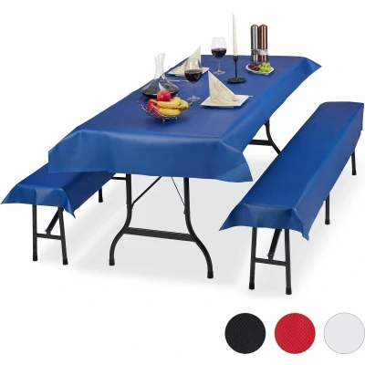 Afbeelding van Relaxdays tafelkleed biertafel en banken hoezen set biertent 250 x 100 cm tafellaken blauw