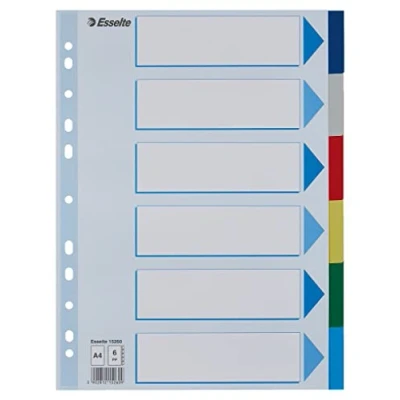Afbeelding van Esselte 6 gekleurde tabbladen, PP, A4 (ref15260) Omdoos van 20 sets