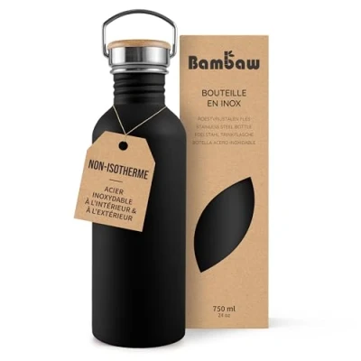 Afbeelding van Bambaw® Waterfles 750 ml Enkelwandige drinkfles RVS Niet Geïsoleerd Lekvrij, en Plasticvrij met Bamboe Dop Drinkbus Volwassenen Perfect voor Reizen, Werk, Yoga, Wandelen Dagelijks Gebruik Drinkflessen zwart