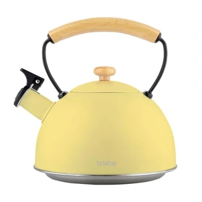 Afbeelding van briebe Retro fluitketel, inductie, 2,3 l, roestvrij staal, alle warmtebronnen: keramische plaat, gas, elektrisch, handvat van hout, cool touch, vintage, voor thee, koffie, theepot, geel