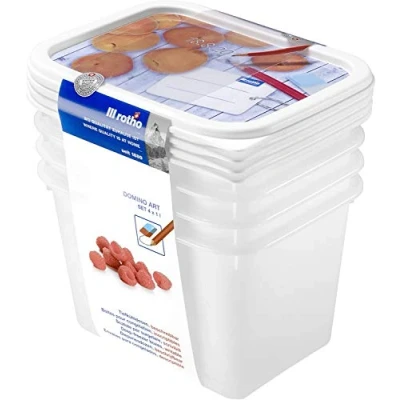 Afbeelding van Rotho Domino set van 4 vriescontainers 1 l met beschrijfbaar design op het deksel, voedingsgeschikt plastic (PP), BPA vrij, wit, 15,7 x 11,8 15,5 cm