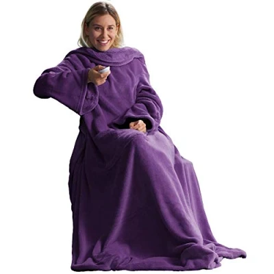 Afbeelding van CelinaTex TV deken met Mouwen en Voetenzak, Zachte Deken, 150 x 180 cm, Paars, Microvezel, Fleece, Oeko Tex