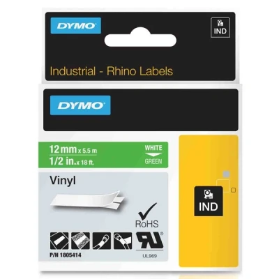 Image de DYMO Rhino Etiquettes Industrielles Vinyle 12mm x 5.5m Blanc sur Vert