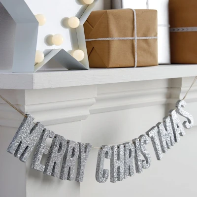 Afbeelding van Houten glitter slinger Merry Christmas Zilver 70 cm