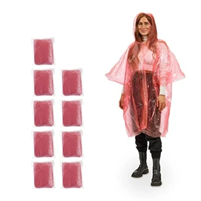 Afbeelding van Relaxdays regenponcho set van 10 poncho met capuchon regenkleding cape rood