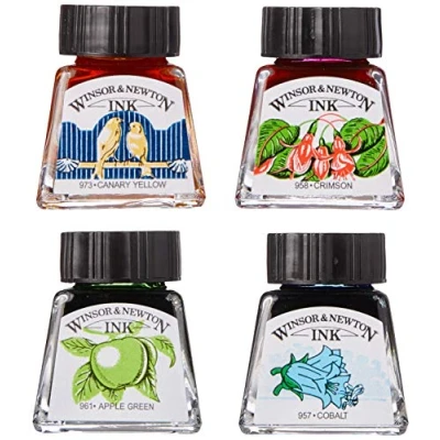 Afbeelding van Winsor &amp; Newton 1110030 kalligrafie inkt (voor vulpen of schrijfveren, onderling mengbaar, lichtecht, bestendige kleur) 30 ml fles matzwart Zeichentusche Set Kobaltblauw, appelgroen, kanariegeel, karmozijnrood