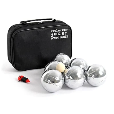Afbeelding van Jeu de Boules Set van 6 ballen incl. afstandsmeter, koord en luxe draagtas; &#039;Voulez vous jouer avec moi?&#039; Multistrobe