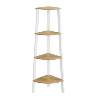 Afbeelding van VASAGLE Hoekplank, boekenkast met 4 niveaus, ladderrek, opbergkast, plantenhouder voor woonkamer, industriële stijl, stalen frame, kleur eiken natuur en mat wit LLS034Y70