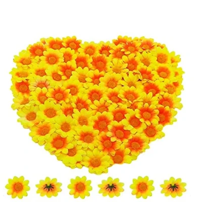 Afbeelding van 100 stuks gele en oranje kunstmadeliefjeskoppen voor knutselen, slinger, verjaardag, binnen of buitenfeest, paasmuts