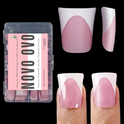 Image de NOVO OVO French Tip Duck Lot de 12 faux ongles à presser en gel souple Rose framboise avec base et apprêt pré appliqué