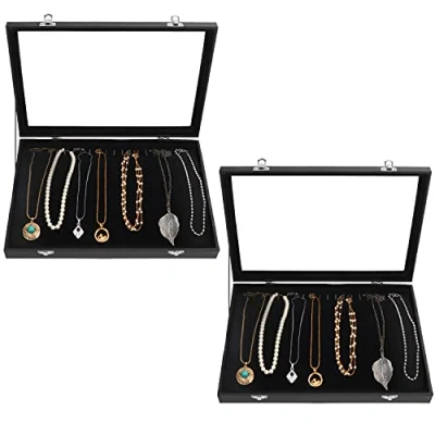 Afbeelding van Kurtzy Zwart Velours Ketting Sieraden Organizer Opslag Display Kast Doos Tray met 20 Haken en Afsluitbaar Gouden Deksel (2Pak) Stapelbare Lade Kettingen, Armbanden, Oorbellen Enkelbanden