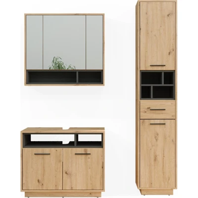 Afbeelding van Vicco Badkamermeubelset Beatrice, Artisanaal eiken/Antraciet, 3 delen, met hoge unit