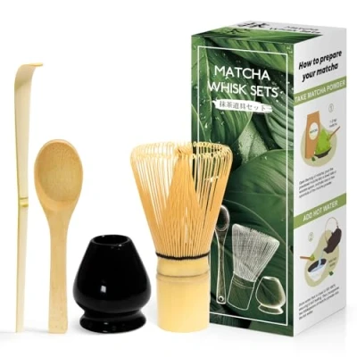 Afbeelding van 4 delige matcha set Japanse ceremonies, natuurlijke bamboe garde, lepel, schep, gardehouder, voor theeceremonie, drank, zwart glanzend