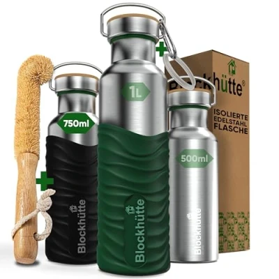 Afbeelding van Blockhütte Roestvrijstalen drinkfles, 750 ml, waterfles geschikt voor koolzuurhoudende dranken, lekvrij, van metaal, BPA vrij, met siliconen ommanteling, thermosfles kinderen, volwassenen, sport