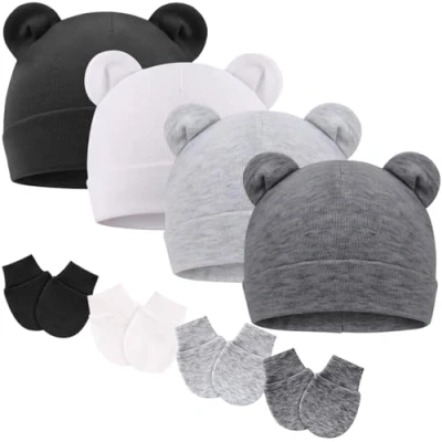 Afbeelding van DRESHOW Babymutsen en wanten, beschermende pasgeborenen, peuters, zacht, schattig, gebreid, muts, 0 6 maanden, één maat, 4 Sets: Bear Ears Hoeden &amp; Mittens Double Layer H11