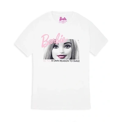 Afbeelding van Barbie T shirt voor Dames Doll Inspirational White Pink Top Wees je eigen reden om te glimlachen ontwerp, Wit