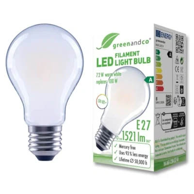 Afbeelding van greenandco Led gloeilamp, mat, E27, A60, 7,2 W, 1521 lm, vervangt 100 3000 K, warmwit, 320 graden, 230 V, flikkervrij, energieklasse A, niet dimbaar