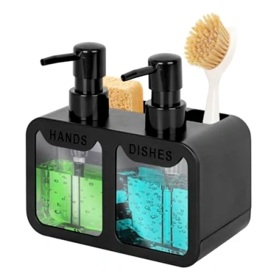 Afbeelding van Keukenzeepdispenser, hand en afwaszeepdispenser spong caddy met borstelhouder, 3 in 1 aanrechtorganizer voor aanrecht (zwart)