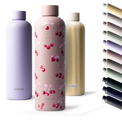 Afbeelding van MAMEIDO Roestvrijstalen thermosfles, 750 ml, lekvrij, geschikt voor koolzuurhoudende dranken, BPA vrij, 12 uur warm en 24 koud (Cherry Lady, 0,75 l)