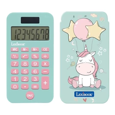 Afbeelding van Lexibook, Eenhoorn, zakrekenmachine met beschermdeksel, klassieke en geavanceerde functies, werkt op batterijen zonne energie, blauw/roze, C45UNI