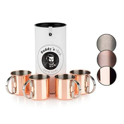 Afbeelding van Moscow Mule mok, 450 ml, hoogwaardige roestvrijstalen geschikt voor levensmiddelen, cocktailbeker inclusief geschenkdoos, koper gepolijst, set van 4