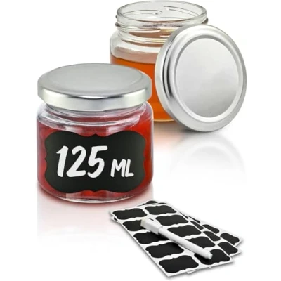 Afbeelding van 25 confituurpotjes Klein 125 ml Met etiketten &amp; pen Luchtdicht Vaatwasmachinebestendig Ideaal om cadeau te geven