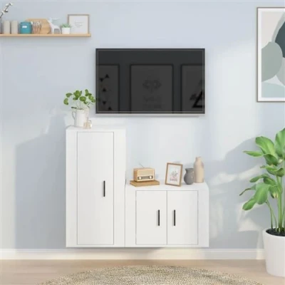 Afbeelding van 2 delige Tv meubelset bewerkt hout wit