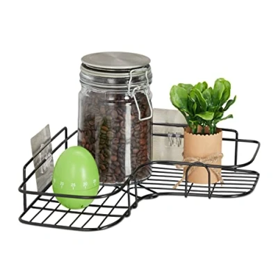 Afbeelding van Relaxdays hoekrek keuken zelfklevend voor specerijen &amp; kruiden ijzer 5,5x26x26 cm wandrek zwart