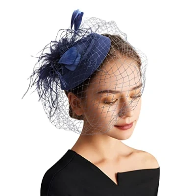 Afbeelding van DRESHOW Fascinator hoed veer bruiloft dames dag hoofdband en clip cocktail thee party voor meisjes vrouwen, 1 x pillendoos met waaier: marineblauw