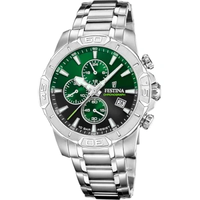 Afbeelding van Festina F20704/5 Heren Horloge Chronograaf Mineraalglas Roestvrijstaal/Leer Zilverkleurig Quartz Gesp 10 ATM (zwemmen)
