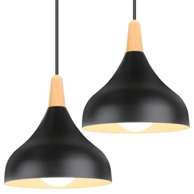 Afbeelding van iDEGU Retro hanglampen, modern, druppelstijl, kap, plafondlamp, E27, metaal, hanglamp, voor slaapkamer, eetkamer of keuken, diameter 20 cm, 2 stuks, zwart