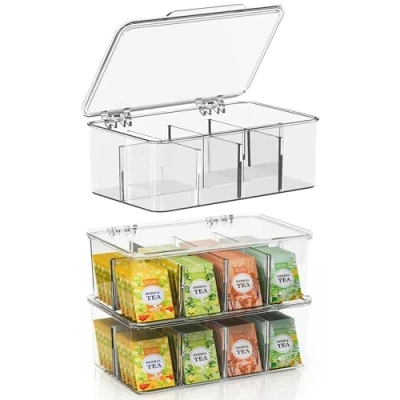 Afbeelding van Theezak organizer, set van 3 stuks, stapelbare theezakjes, opbergorganizer met transparant deksel, theezakjehouder voor werkbladen, keukenkast, voorraadkamers, zoetstoffe (transparant)