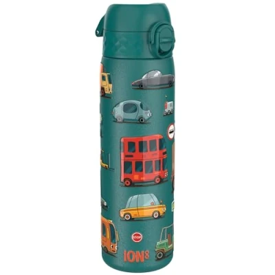 Afbeelding van ION8 Drinkfles van roestvrij staal, 600 ml, lekvrij, gemakkelijk te openen, veilige vergrendeling, vaatwasmachinebestendig, draaggreep, duurzaam, 3D motief auto&#039;s