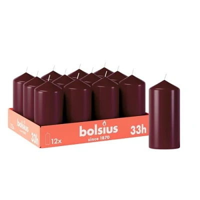 Afbeelding van Bolsius 12 stuks stompkaarsen, glad, bordeauxrood, x 7 cm, decoratieve kaarsen voor thuis, brandduur 33 uur, geurvrij, bevat natuurlijke plantaardige was,