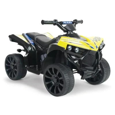 Afbeelding van elektrische quad voor kinderen, 6 V, geel, met achteruitversnelling, ledverlichting, geluiden, gaspedaal, rem INJUSA