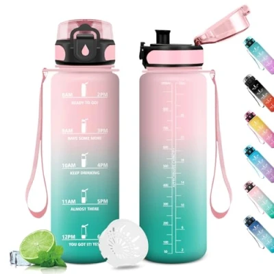 Afbeelding van Gourde de sport avec indicateur temps motivation 1L, bouteille filtre, réutilisable, sport, gym, école, gymnastique, fitness, yoga