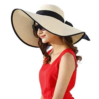 Afbeelding van Dreshow Strohoed voor dames, hoed met brede rand, zonnehoed, ademend, anti uv strohoed, strandzonnehoed, UPF 50+, Zwart