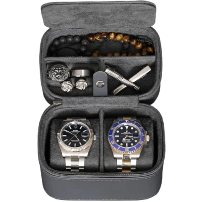 Afbeelding van ROTHWELL Set van 2 reiskoffers voor horloges, horloge etui dames en heren, robuuste draagbare bescherming met ritssluiting alle horloges smartwatches tot 50 mm