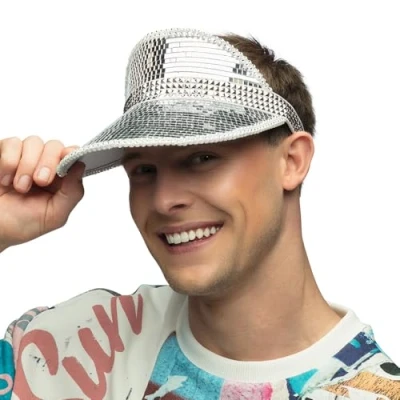 Afbeelding van Boland Zonneklep Disco Zilver Één maat Volwassenen Unisex 80&#039;s &amp; 90&#039;s Retro Carnaval Themafeest Festival