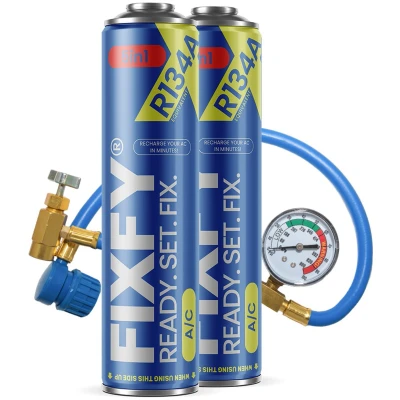 Afbeelding van FIXFY 5 in 1 koelmiddelvervangingsset R134a met olie, droger, afdichtmiddel, gas en uv kleurstof, set slang manometer, 2 blikjes van 500 ml, voor het zelf vullen airconditioning