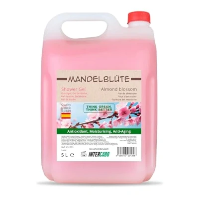 Afbeelding van INTERCABO Amandelbloesem douchegel in navulverpakking van 5 liter jerrycan met praktische tuit dermatologisch getest en respecteert de bijzonderheid huid.