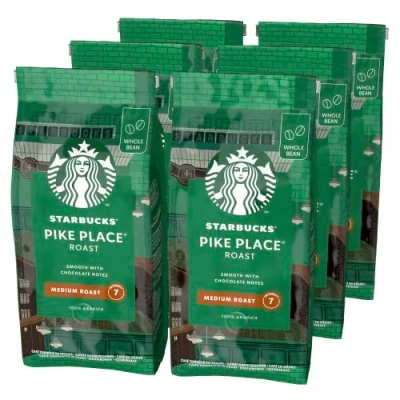 Image de STARBUCKS Pike Place Roast, Torréfaction Ambrée, Café en Grains 200g (Pack de 6)