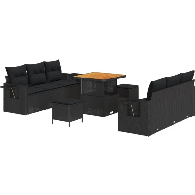 Afbeelding van vidaXL 9 delige Tuin Sofa Set met Kussens Zwart Poly Rattan Acacia, 3 Eettafel Acacia
