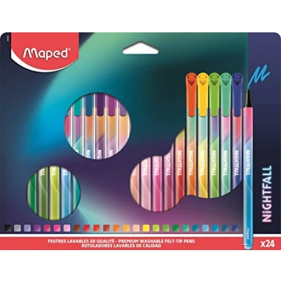 Afbeelding van Maped Nightfall tekenstiften schrijfstiften, wasbare inkt medium punt driehoekige vorm doos met 24 viltstiften lange houdbaarheid 844402 meerkleurig