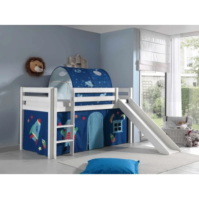 Afbeelding van LUCEVI Pino Halfhoogslaper + Ladder Glijbaan Astro Gordijntjes Tunnel Wit 90x200 cm