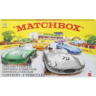 Afbeelding van mattel Matchbox Set van 8 metalen auto&#039;s met premium decoraties schaal 1:64 + 1 exclusief voertuig True Grip Tires platina satijnen afwerking voor verzamelaars HPC03