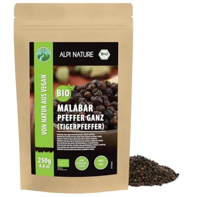 Afbeelding van biologische Malabar zwarte peper (250 g), tijgerpeper, peperkorrels uit gecontroleerde teelt, laboratoriumgeteste 100% zuiver en natuurlijk