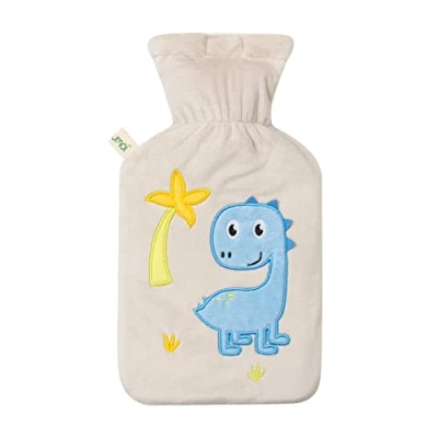 Afbeelding van Premium warmwaterkruik 1 liter met hoogwaardige zachte fleece bekleding geborduurde dino, klittenbandsluiting en extra voering, BS1970:2012 gecertificeerd, TÜV Rheinland getest Dino beige
